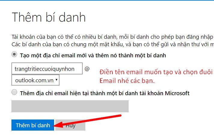 Thêm tên email bạn muốn tạo trong Outlook