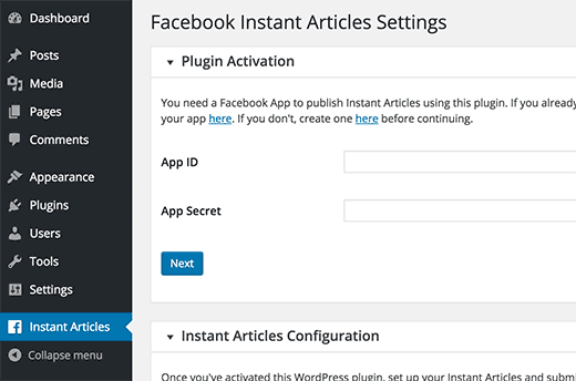 vào cài đặt của plugin Instant Articles for WP