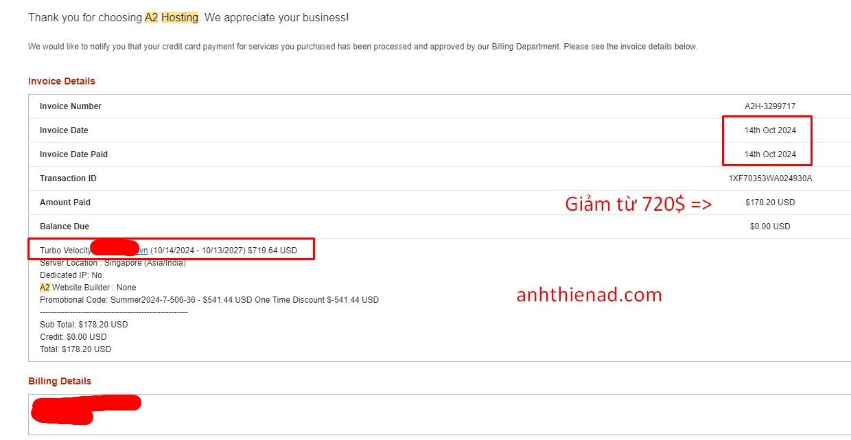 Đây là hình mà mình mua lại a2hosting gói 3 năm để lữu trữ blog anhthienad.com này và nhiều site khác nữa.