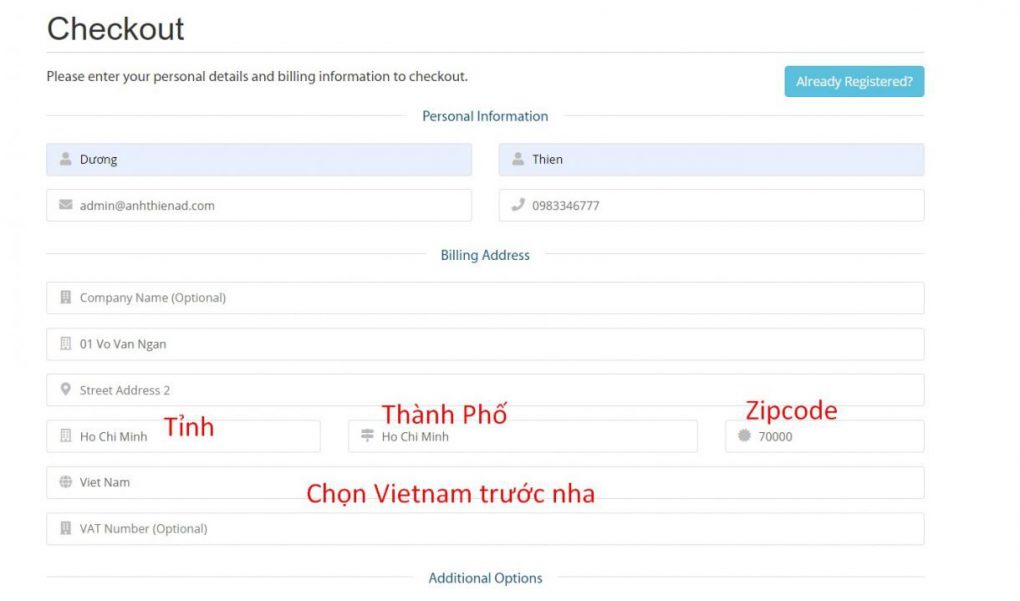 Thông tin đăng kí hosting.
