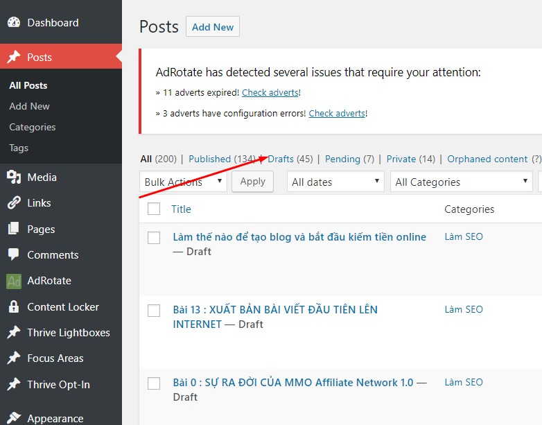 Hình ảnh về nơi lưu trữ các bản nháp Draft của WordPress