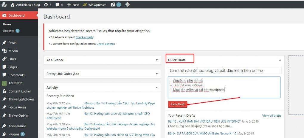 Hình về chức năng Quick Draft của WordPress