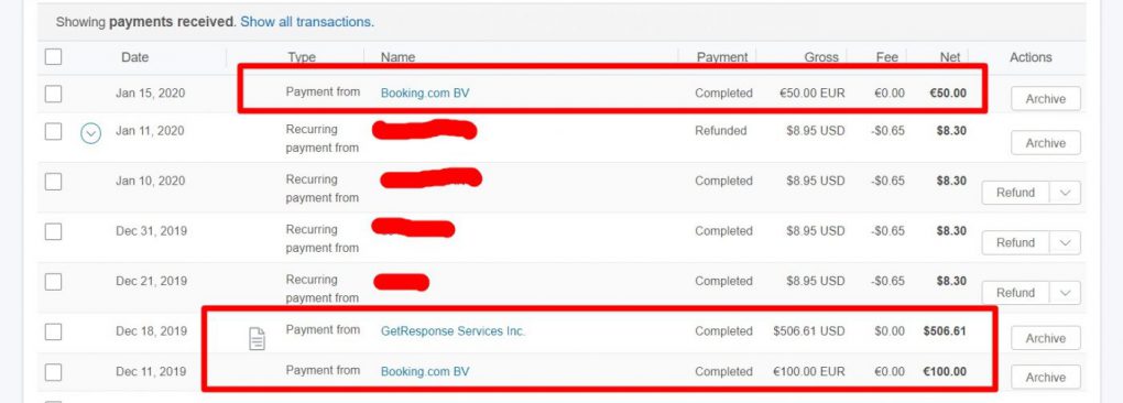 Thu nhập từ Getresponse + Booking năm 2019