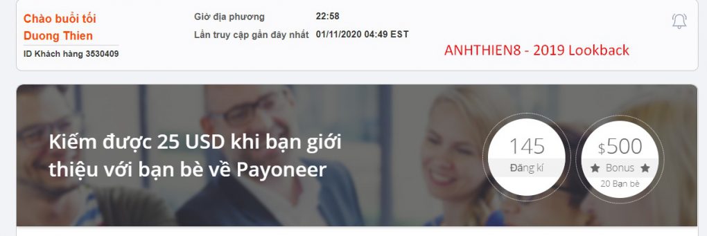 Thu nhập từ Refferal PayOneer trong năm 2019