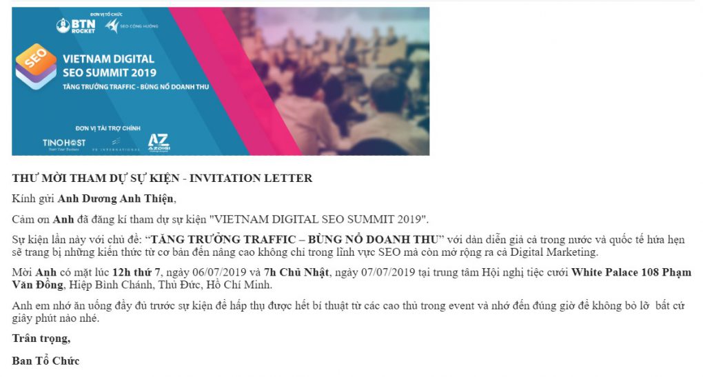 Thư mời tham gia sự kiện Vietnam SEO Summit 2019 khá lớn.