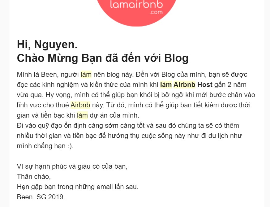 Email chào mừng trong dự án lamairbnb.com