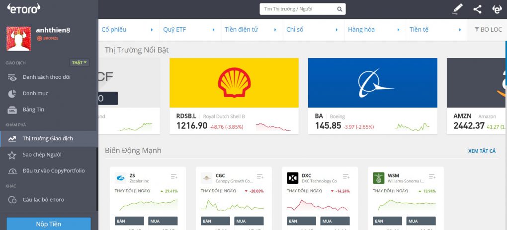 Tiến hành đặt lệnh mua hoặc bán trên Etoro