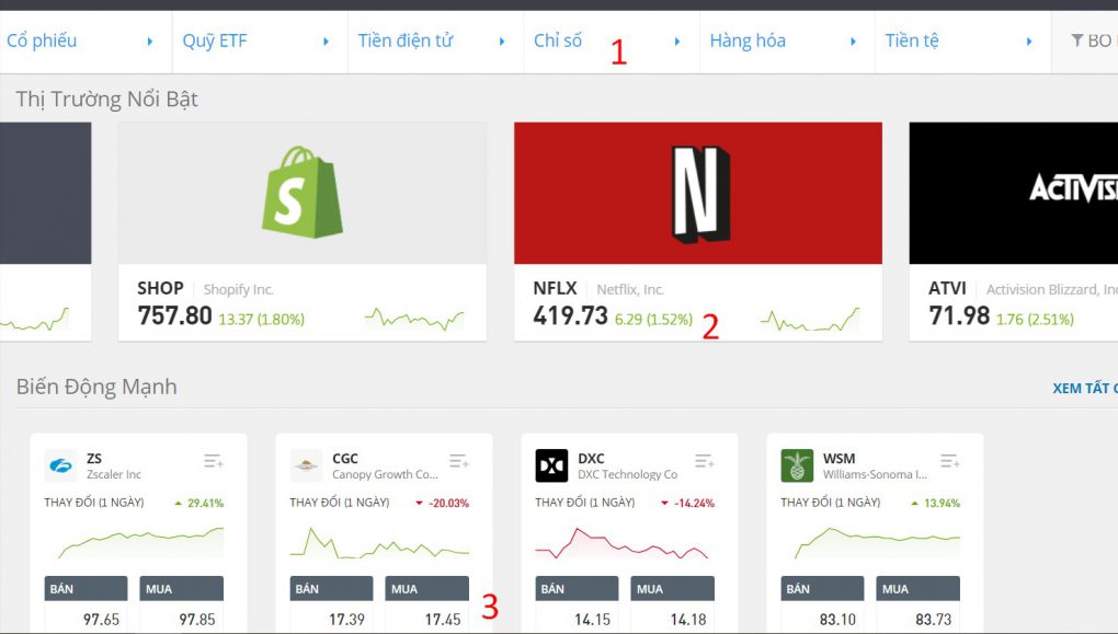 Giao diện đầu tư Etoro