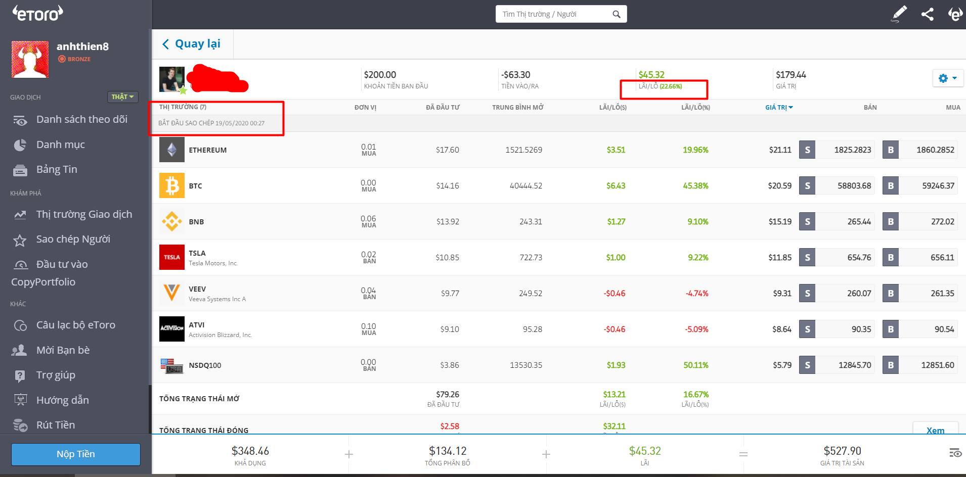 Kết quả đầu tư sau 10 tháng tại etoro khi dùng copytrade của Thiện.