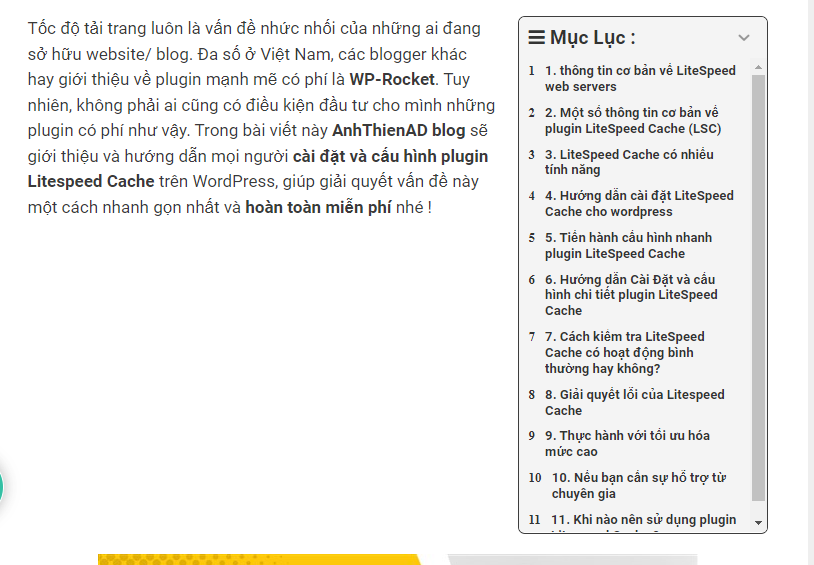 Plugin Fixed TOC giúp tạo mục lục cho bài viết