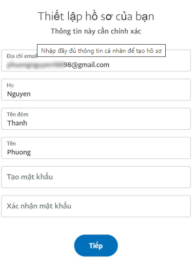 Nhập họ tên và các thông tin liên quan