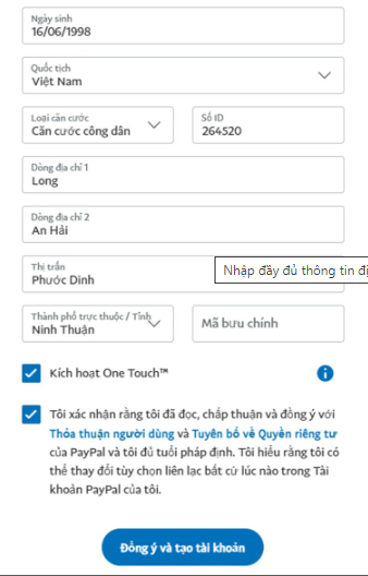 Sau khi nhập đầy đủ thông tin cá nhân, tích chọn 2 ô cuối rồi nhấn Đồng ý và tạo